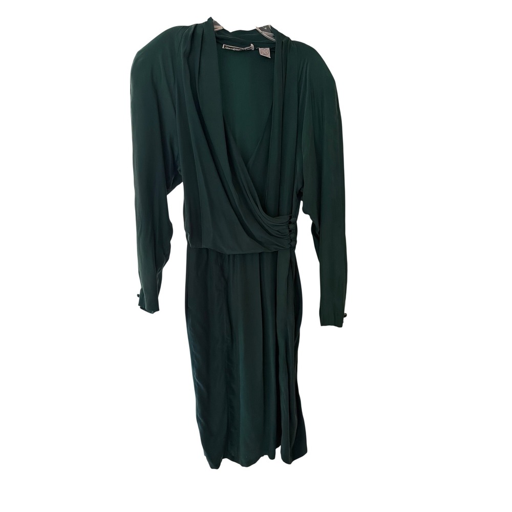 Diane Gilman Dress Green Silk Surplice V-Neck Midi Long Sleeve Ruched Vintage 12